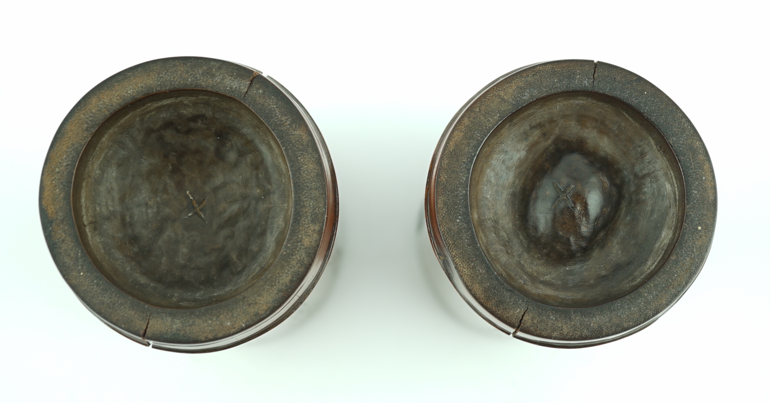 A pair of Chinese inscribed 'Damo' bamboo brushpots, 19th century, age cracks